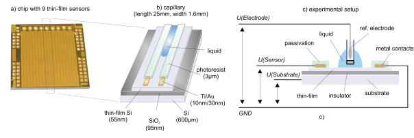 The novel thin film FET Sensor. a) Image of a sensor chip with 9 integrated thin film transistor sensing elements without photoresist passivation. b) Scheme of a sensing element with materials used. c) Cross-sectional view of a sensing element indicating
