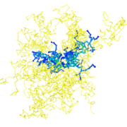 simulation snapshot mixture of dendrimer and linear polymer chains